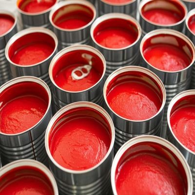 مستخلص الطماطم غير المعدلة وراثياً في علب للإنتاج